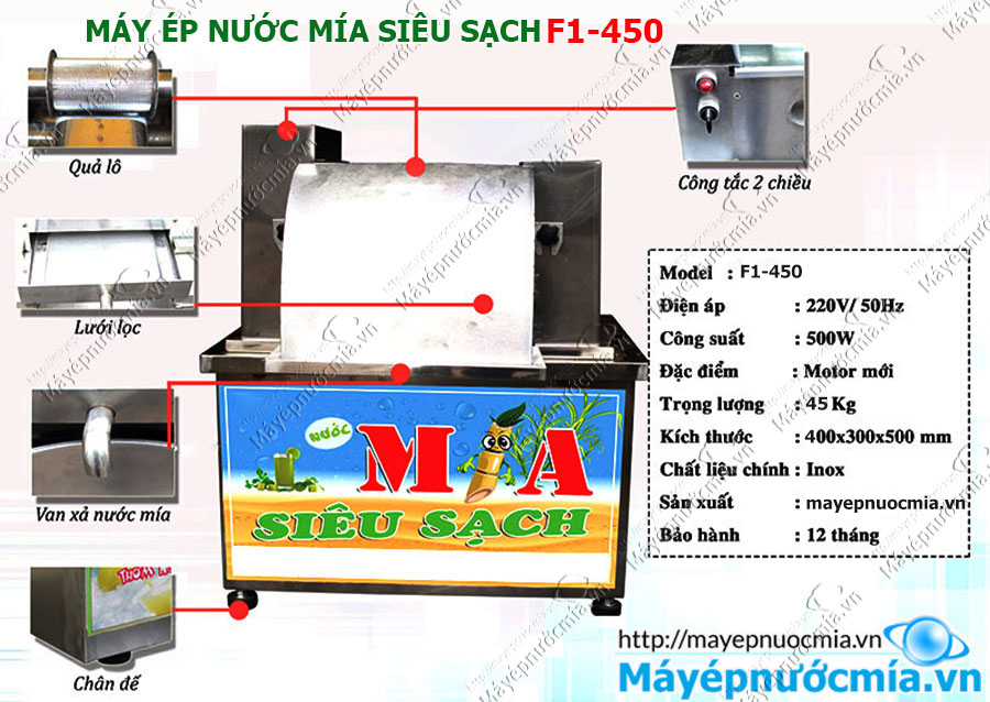 chi tiết các bộ phận của Máy ép nước mía siêu sạch F1 450